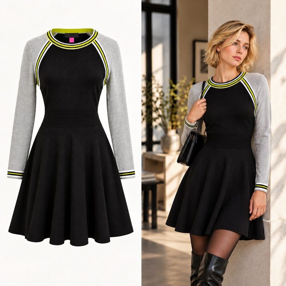 Vince Camuto S Black Gray Colorblock Fit Flare Sweater Dress Long Sleeve Stripe